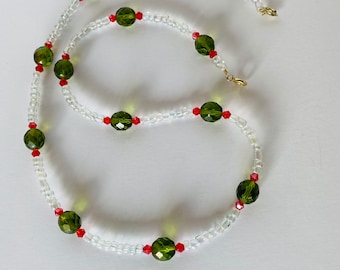 Red and Green Glass Beaded Face Mask Lanyard Necklace handmade