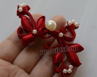 1pcs Red Flower imitation pearl Satin Knit Hook and Eye Sewing Fastener Chinese Frog Buttons Qipao Cheongsam Knot Closure for Neckline