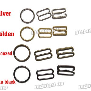 Puede incluir: Cuatro juegos de deslizadores de tirantes de sujetador de metal en plata, oro, bronce y negro mate. Cada juego incluye un anillo y dos deslizadores.