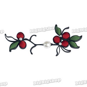 May include: A black metal branch with red and green fabric flowers and a white pearl accent.