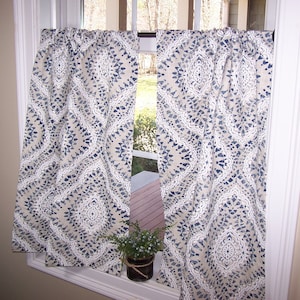 Cafe Curtains, Tier Curtains, Kitchen Curtains, Bathroom Curtains, Farmhouse, Beige, Indigo Blue and White
