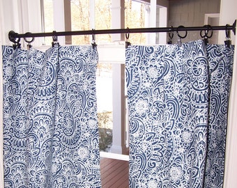 Boho Paisley Curtains, Cafe Curtains, Tier Curtains, Kitchen Curtains, Bathroom Curtains, Farmhouse, French Country, Blue,White, Pair