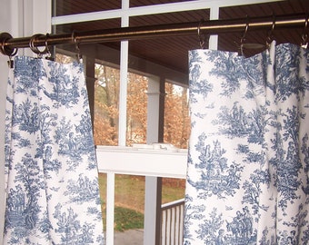 Blue Toile Curtains, Cafe , Tiers, Kitchen, Bathroom, Farmhouse, French Country, Navy or Black, Choose 24" Pairs or Single Wider Panels