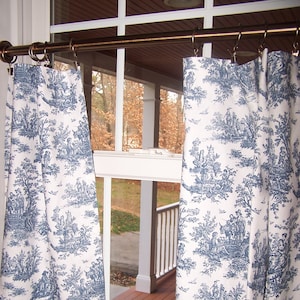 Blue Toile Curtains, Cafe , Tiers, Kitchen, Bathroom, Farmhouse, French Country, Navy or Black, Choose 24" Pairs or Single Wider Panels