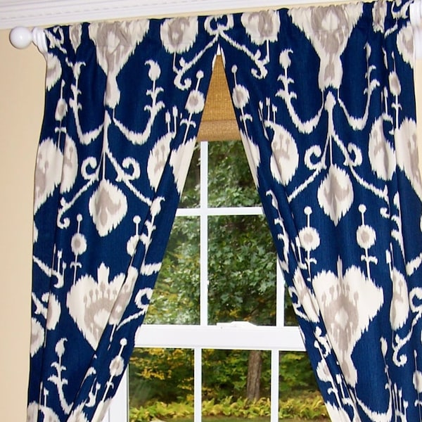 Blue Curtains,Navy,Ikat Curtains,Navy Curtains, Custom Curtains,Pair Drapery Panels, Navy Blue Ikat Curtains,50" Wide,Java Ikat