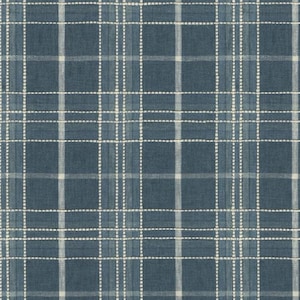 May include: Close-up of a blue plaid fabric with white dotted lines. The fabric has a textured appearance and a classic plaid pattern. The color palette consists of shades of blue and white.