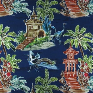 Chinoiserie Blue Curtains, Asian Toile, Chinese Garden Pagoda Design, Pair Drapery Panels, Cotton, Hamilton Emperor Navy