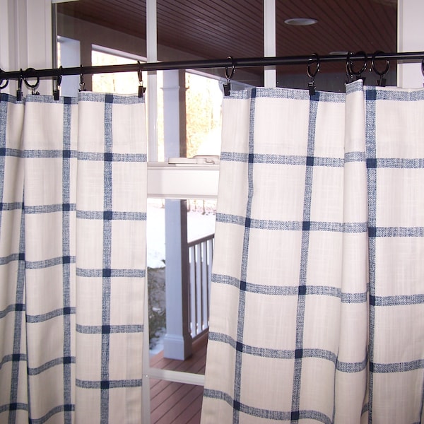 Blue Window Pane Curtains, Cafe, Tiers or Valances, Kitchen,  Farmhouse, Italian Denim Blue & Offwhite Windowpane, Choose 1 or 2 Panels