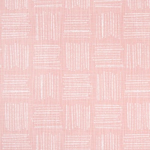 May include: Pink fabric with a repeating pattern of white dotted lines arranged in a grid. The lines are vertical and horizontal, creating a textured, geometric design. The fabric has a subtle, woven appearance.