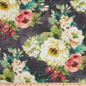 Covington Meraki Linen Floral flowers Roses Curtains, Heavy Drapes, Living Room, Kitchen, Dining Room, PAIR 24&quot; or 50&quot; Wide,Color Charoal