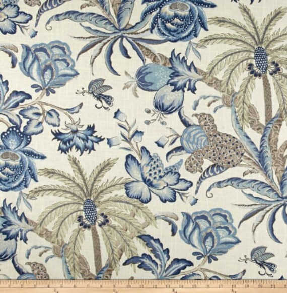 Blue Linen Curtains Waverly Exotic Palm Porcelain Linen Etsy