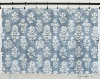 Denim Block Print Floral Luxury Drapes, Handmade Curtains, Linen Blend, Modern Farmhouse, Kitchen, Bedroom, PAIR 24" 52" Wide Tonic Living