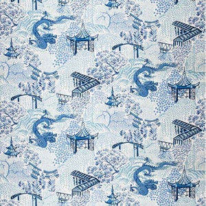 Chinoiserie, Vern Yip Dragon  Linen Drapes,Chinese Design, Custom Curtains,2 Panels, Upgrades Lining Grommets Blackout, Farmhouse, Blue