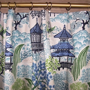 Chinoiserie Blue Curtains, Asian Toile, Chinese Garden Pagoda Design, Pair Drapery Panels, Rod Pocket Upgrades: Lining, Pinch Pleats