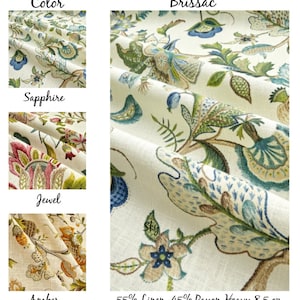 Linen Curtains, P Kaufman Brissac Sapphire, Jacobean, Floral, , Bedroom, Living Room, Kitchen, Dining Room, Pair 24&quot; or 50&quot; Wide
