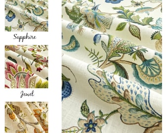 Linen Curtains, Jacobean Floral Drapes, P Kaufman Brissac Sapphire, Custom Sizes