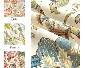 Custom Curtains, Finders Keepers French Blue, Jacobean, Living Room, PAIR 24" or 50" Wide, Upgrades, Lining, Pleats, Back Tabs, Grommets