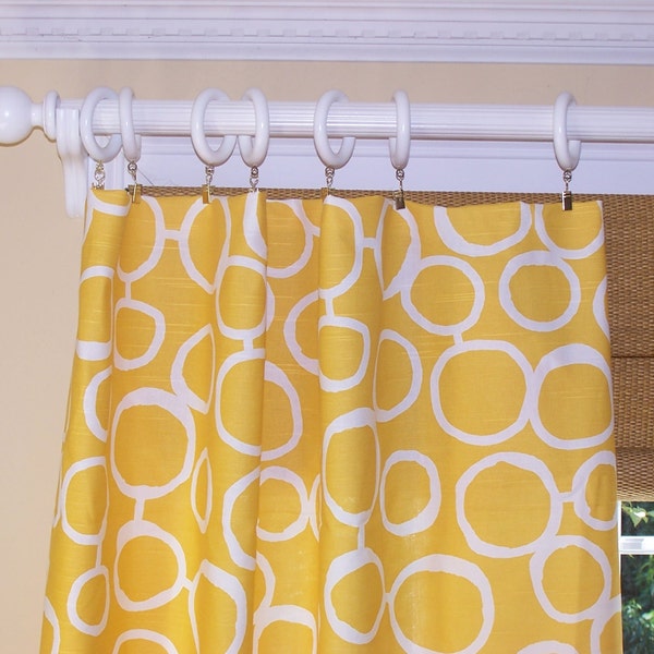 YELLOW CURTAINS, Premier Fabric, Corn Yellow, Pair Drapery Panels, 50" Wide, 3" Rod Pocket, Custom Curtains, Freehand, Circles