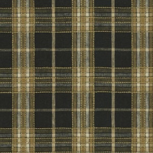 May include: Close-up of a fabric with a plaid pattern. The design features a grid of dark navy blue squares and rectangles, intersected by lines in tan, light gray, and white. The fabric has a textured appearance.