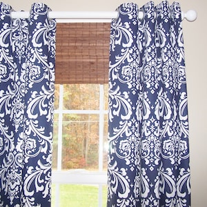Blue Curtains,Dark Blue Curtains,Navy Curtains, Blue Damask Curtains,Ozborne Damask, Pair Drapery Panels,63,84,96,108,132,24&quot; Wide,50&quot; Wide
