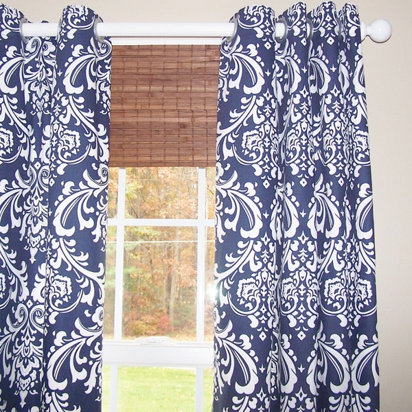 Blue Curtains,Dark Blue Curtains,Navy Curtains, Blue Damask Curtains,Ozborne Damask, Pair Drapery Panels,63,84,96,108,132,24" Wide,50" Wide