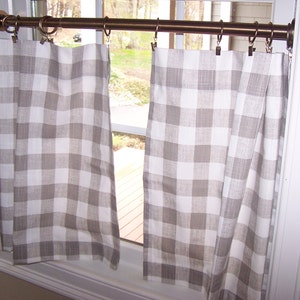 Plaid Check Curtains, Cafe , Tier or Valance, Kitchen Curtains, Bathroom, Farmhouse, French Country, Ecru & Offwhite, Choose 1 or 2 Panels