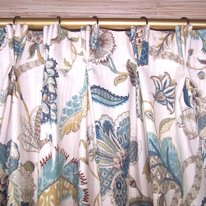Pinch Pleat Curtains, Finders Keepers French Blue, Jacobean, Living Room, PAIR 24&quot; or 50&quot; Wide Unlined, Lining Upgrade Options Below.