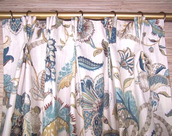 Pinch Pleat Curtains, Finders Keepers French Blue, Jacobean, Living Room, PAIR 24" or 50" Wide Unlined, Lining Upgrade Options Below.