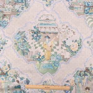 Chinoiserie Ivory Curtains, Zen Toile, Chinese Design, Pair Drapery Panels, Cotton Twill, Tea House Green
