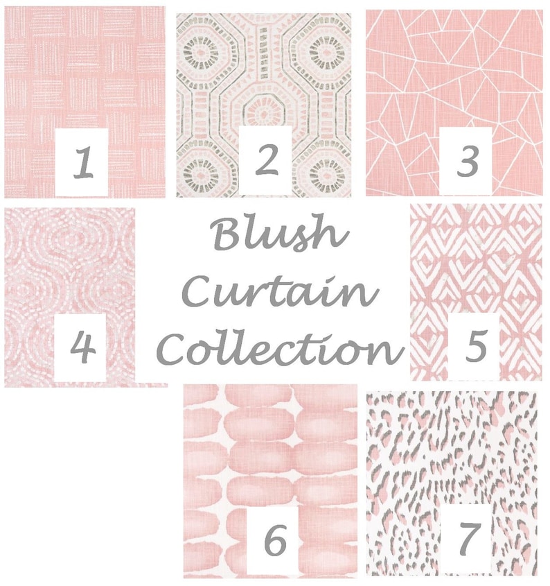 May include: A collection of blush-colored curtain fabric samples. The samples feature various patterns, including geometric shapes, abstract designs, and a leopard print. The text "Blush Curtain Collection" is displayed in the center.