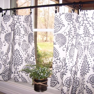 Boho Cafe Curtain, Tier, Valance, Kitchen, Bathroom, Farmhouse, Black Flame(Charcoal) & Offwhite Choose One or Two Panels, Blue, Black, Grey