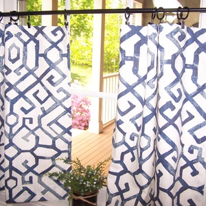 Navy Blue Jing Chinoiserie Curtains, Cafe , Tier, Valance, Kitchen, Bathroom, Boho, Modern, Geometric