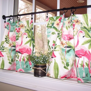 Flamingo Curtains, Cafe Tiers and Valance, Kitchen, Bathroom, Pink White, Waverly Tropical, 25&quot; Pairs and Wider Single Panels