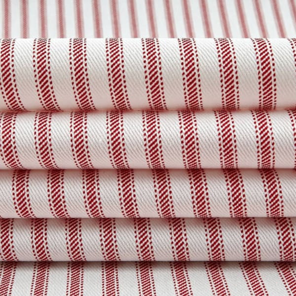 Red Ticking Curtains Farmhouse Print 100% Cotton Duck Custom Drapery Living Room Dining Bedroom Bathroom Valance Lining Blackout Grommets