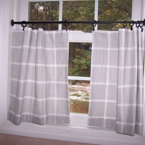 Grey Cotton Cafe Curtains, Abbot Window Pane, Check, Plaid, Tier, Tiered, Kitchen, Bathroom, Farmhouse, French Gray, Choose 1 or 2 Panels