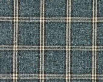 Luxury Linen Drapes, Plaid, Heavy Linen Blend Woven, Modern Farmhouse,  PAIR 24" 50" Wide, Check, Window Pane Heritage Blue Rustic Wool Feel
