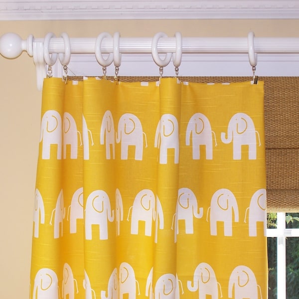 Elephant CURTAINS, Premier Fabric, Corn Yellow, Two Drapery Panels, 24" Wide, 50" Wide, Rod Pocket, Grommets, Elephant, Nursery, Baby