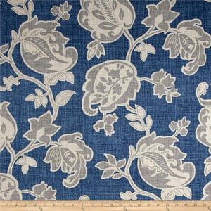 May include: A blue fabric with a gray floral pattern. The fabric has a textured, linen-like appearance.