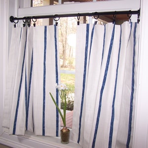 Stripe Curtains, Cafe Curtains, Tier Curtains, Kitchen, Bathroom Curtains, Farmhouse, French Country, Blue & Offwhite, Choose 1 or 2 Panels