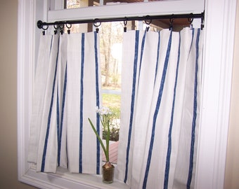 Stripe Curtains, Cafe Curtains, Tier Curtains, Kitchen, Bathroom Curtains, Farmhouse, French Country, Blue & Offwhite, Choose 1 or 2 Panels