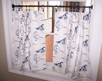 Navy Blue Boho Birds Curtains, Cafe , Tier, Valance, Kitchen, Bathroom, Farmhouse, French Country, Choose 1 or 2 Panels
