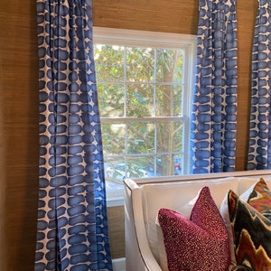 Shibori Dot Curtains, Blue Cotton Duck, Custom Pair Drapery, 24 or 50" Wide, Premier Prints, Rod Pocket or Pleats, Lining Grommet Upgrades