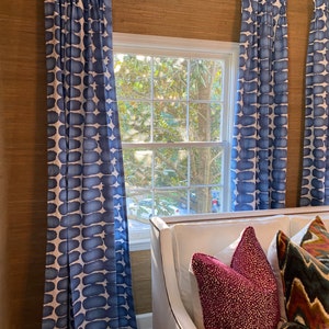 Shibori Dot Curtains, Blue Cotton Duck, Custom Pair Drapery, 24 or 50" Wide, Premier Prints, Rod Pocket or Pleats, Lining Grommet Upgrades