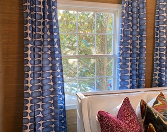 Shibori Dot Curtains, Blue Cotton Duck, Custom Pair Drapery, 24 or 50" Wide, Premier Prints, Rod Pocket or Pleats, Lining Grommet Upgrades