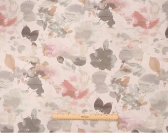 May include: A watercolor floral fabric with a light background and a pattern of pink, brown, and gray flowers. The fabric has a subtle texture and a soft, romantic feel.