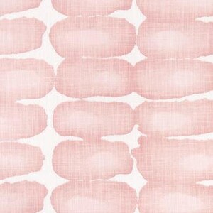 May include: A repeating pattern of soft pink, oblong shapes on a white background. The shapes have a textured, watercolor-like appearance, creating a subtle, artistic design. The fabric has a linen-like texture.