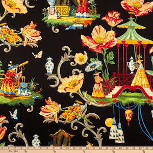 Chinoiserie Ivory Black Curtains, Zen Toile, Geisha, Chinese Design, Pair Drapery Panels, Cotton Twill