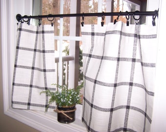 Cafe Curtain Window Pane, Valance, Tier, Tiered, Kitchen, Bathroom, Farmhouse, French Country, Black & Offwhite, Choose 1 or 2 Panels