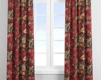 Red Curtains, P Kaufmann Queensland Floral, Pair Drapery Panels. 24 or 52 Width. Handmade, Upgrades: Lining, Grommets, Follow Links Below