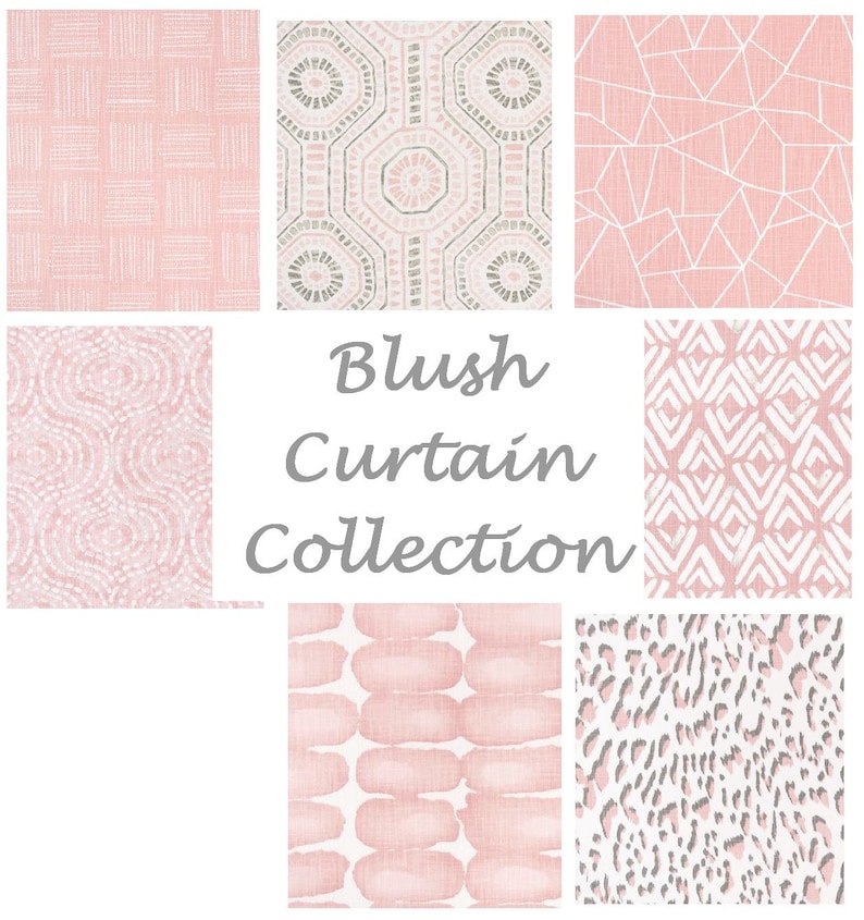 May include: A collection of blush-colored curtain fabric samples with various patterns. Designs include geometric shapes, abstract patterns, and a leopard print. The text "Blush Curtain Collection" is displayed in the center.